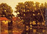 Willem Roelofs Wall Art - A Sunlit River Landscape With Cows Watering
